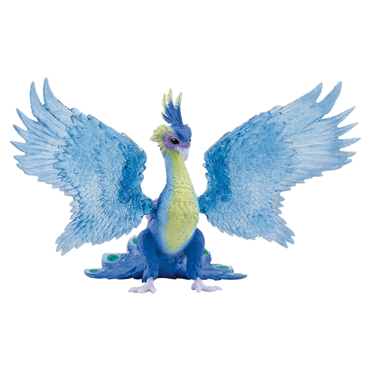 A colorful Magic Peacock figurine with large blue wings, a blue and green body, and fanned tail feathers