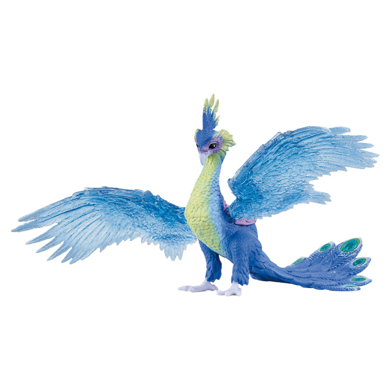 A blue and green magic peacock toy with large translucent wings and a detailed tail