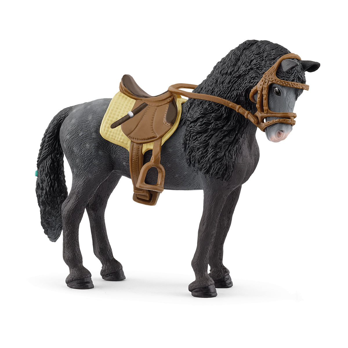 A detailed toy figure of a dark gray Pura Raza Espanola mare wearing a brown saddle and bridle