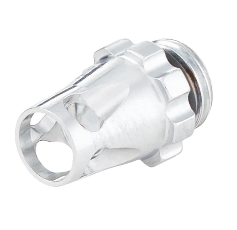 Shiny chrome metal part with a tapered, perforated tip and a threaded, multi-faceted base