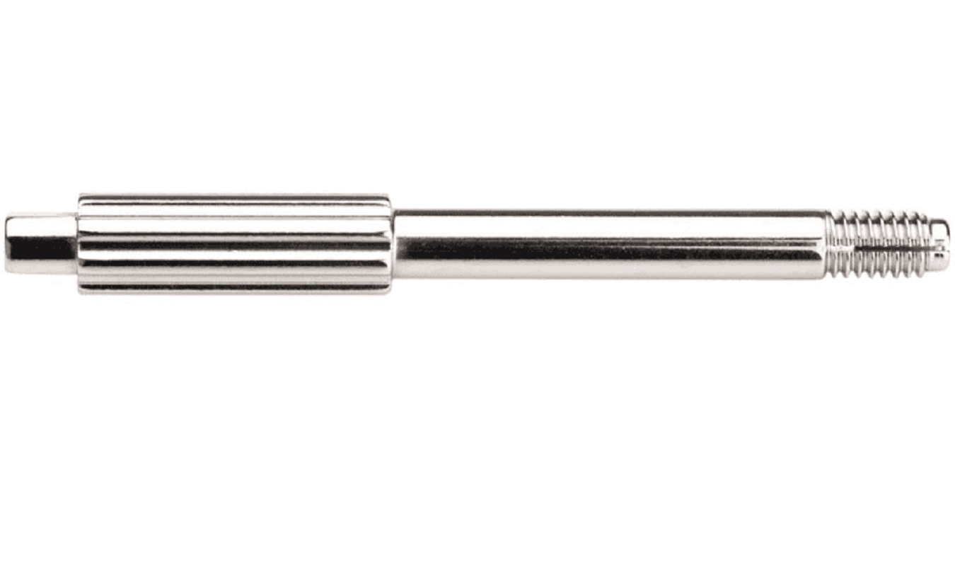 A chrome airbrush needle guide with a ribbed grip, smooth shaft, and threaded tip