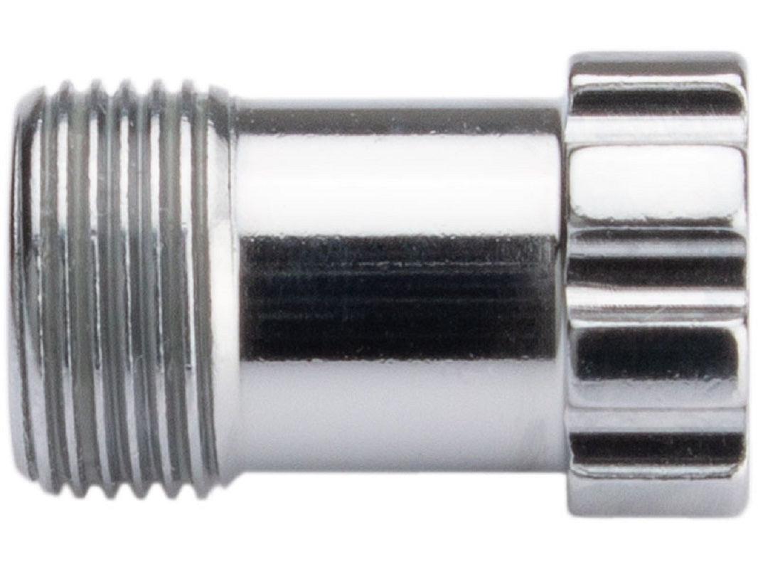 A shiny chrome airbrush needle tension adjuster with a threaded end and a grooved end