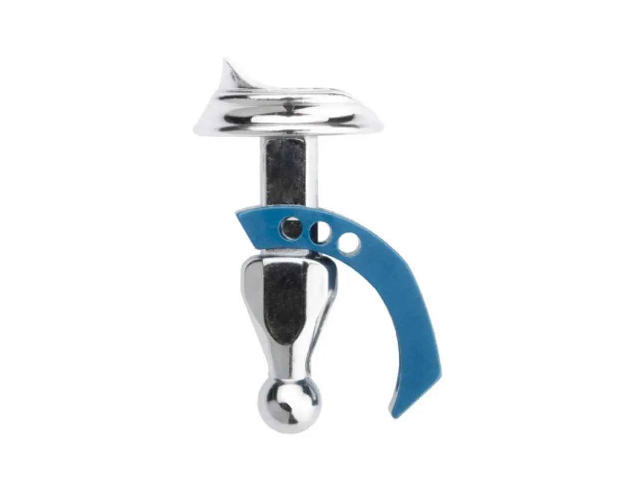 A shiny silver Giraldez Trigger Assembly for airbrushes, featuring a blue curved lever with small holes