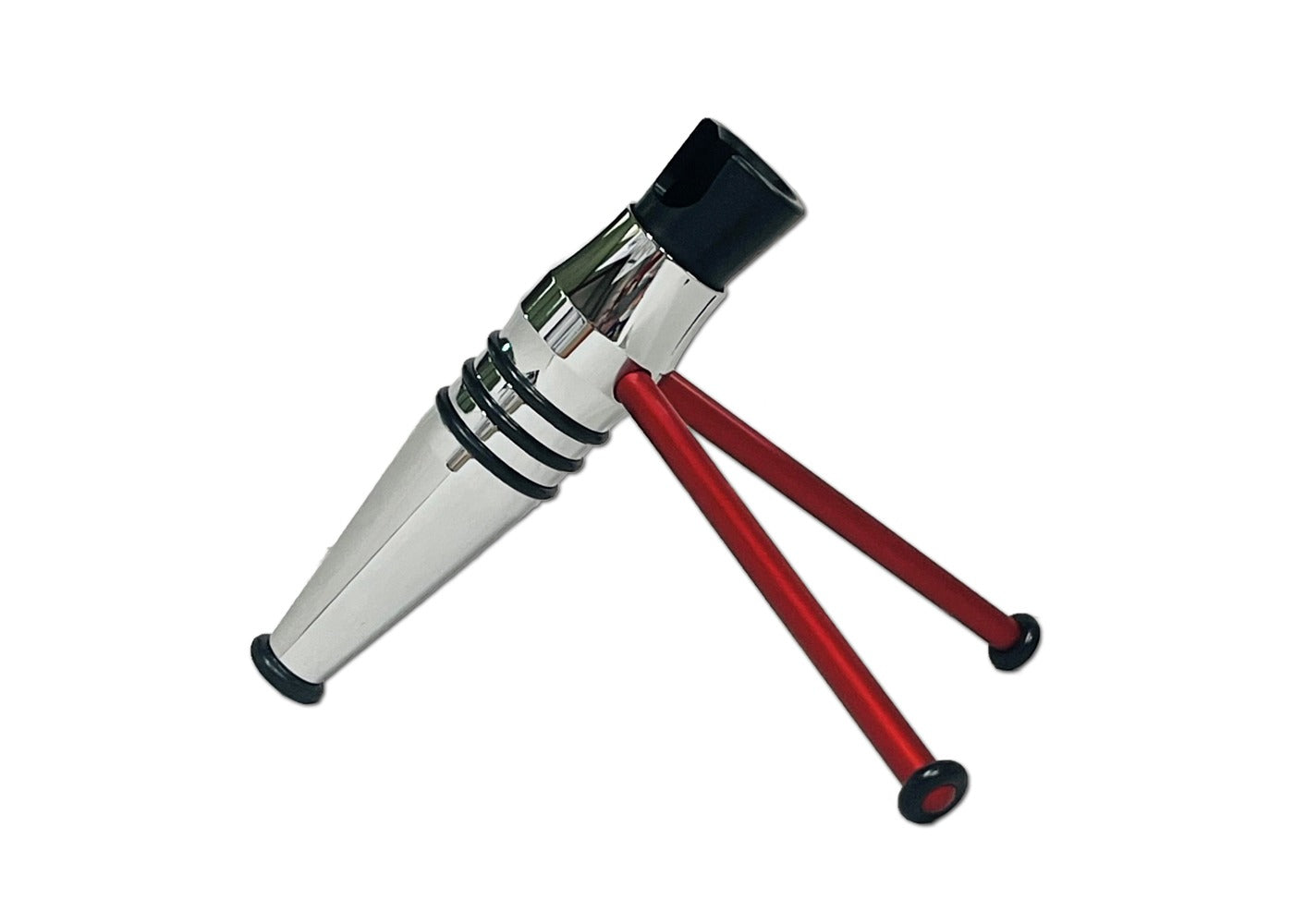 A chrome airbrush display stand with a black top, three black rings, and two red support legs