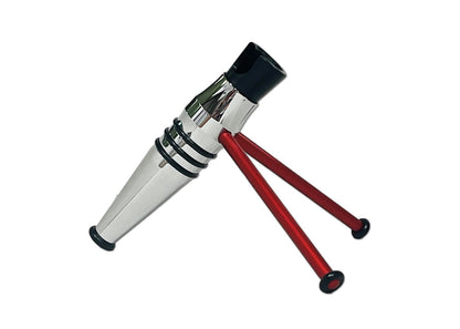 A chrome airbrush display stand with a black top, three black rings, and two red support legs