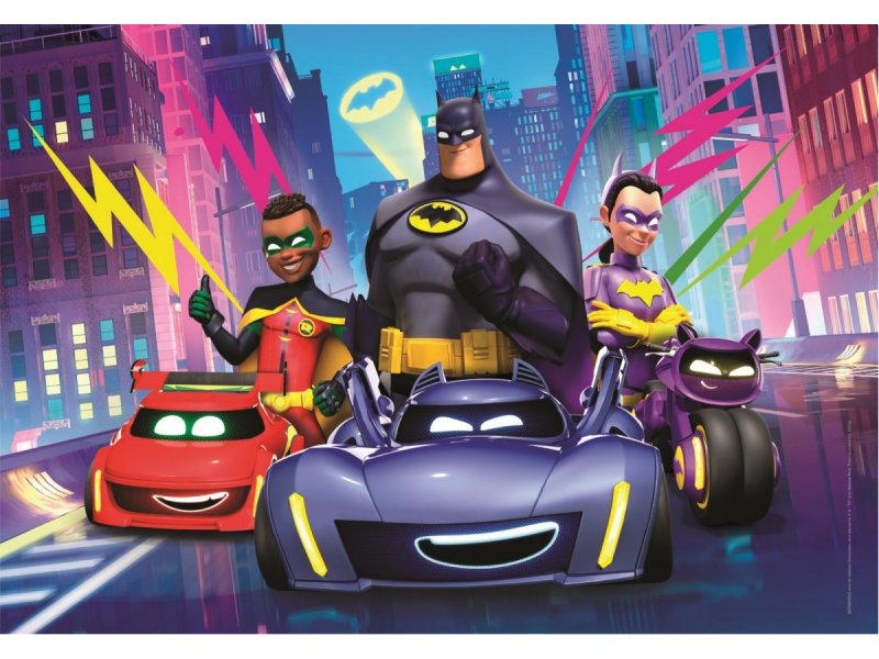 Clementoni Maxi Batwheels 104 piece puzzle featuring Batman, Batgirl, and Robin with their Batwheels.