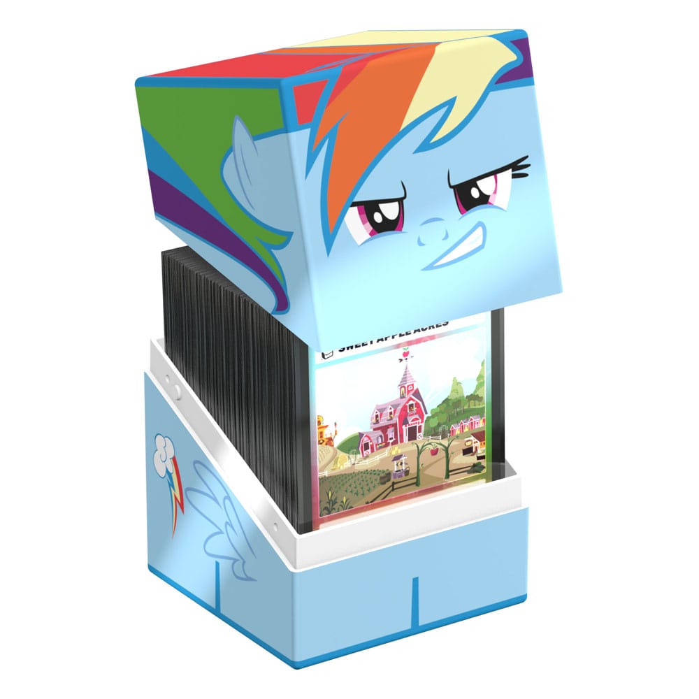 A light blue My Little Pony Squaroe card box with Rainbow Dash's face on the lid and cutie mark on the base, open to show a stack of cards with a farm scene on the top one