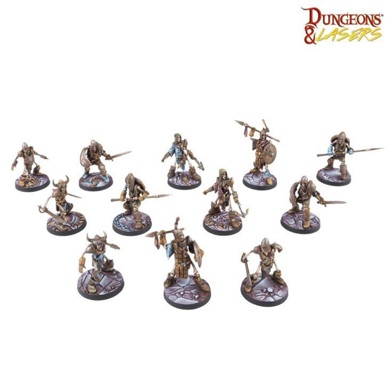 Set of 12 painted skeletal undead warriors miniatures holding swords and spears for tabletop gaming