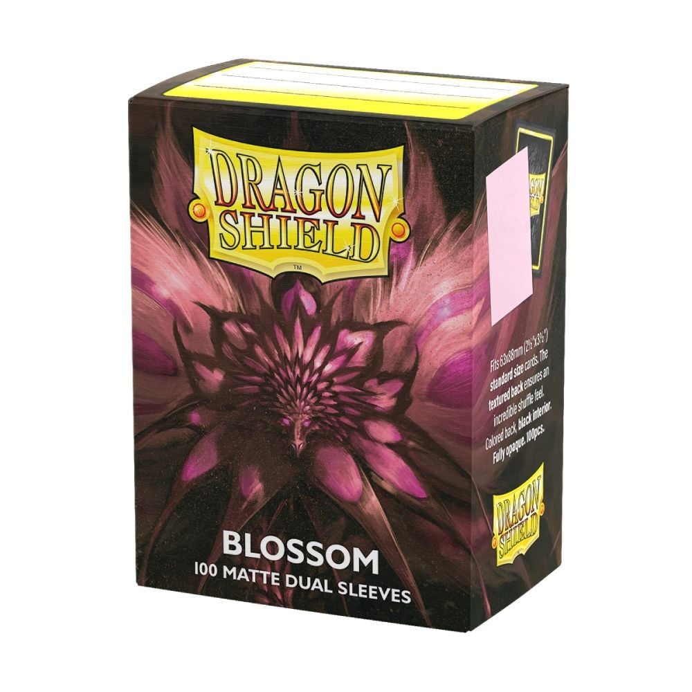 Dragon Shield &#39;Blossom&#39; 100 Matte Dual Sleeves box, featuring a pink-purple floral burst design