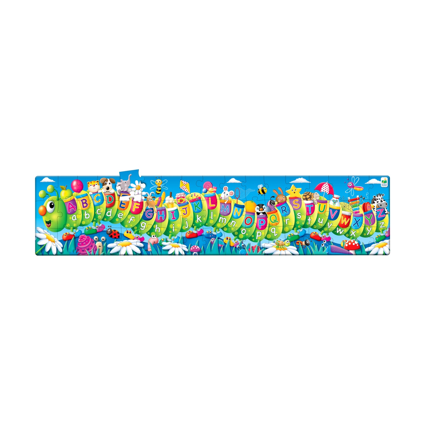 Colourful jigsaw puzzle featuring a green caterpillar body segmented with alphabet letters (A-Z) and small cartoon animals