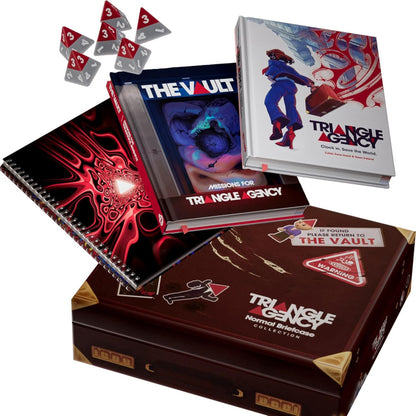 Triangle Agency RPG collection: three rulebooks (The Vault), a briefcase collector box, and several grey triangular dice (D4s)