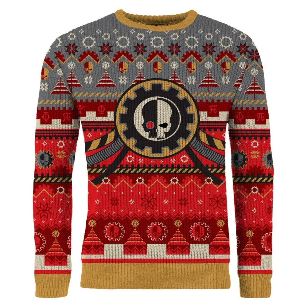 A festive Admech Christmas Jumper with grey and red knit patterns, featuring a central gear and half-skull icon, snowflakes, gears, and Christmas trees