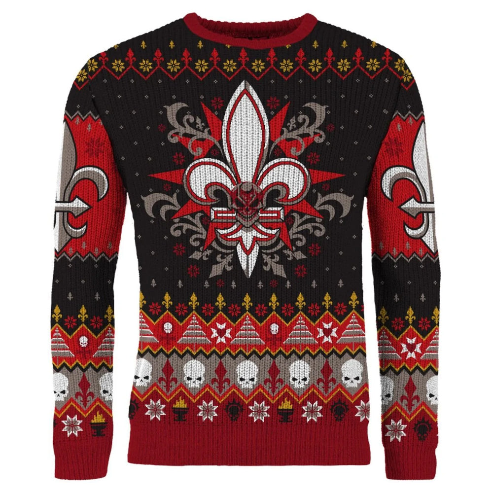A black and red Christmas jumper with a large white fleur-de-lis and skull on the chest, bordered by rows of smaller skulls and festive patterns