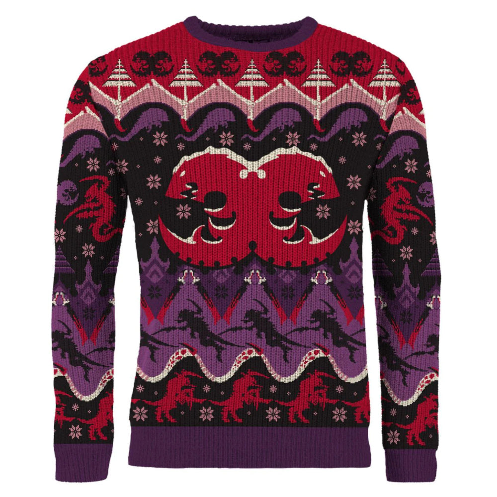 A black red and purple Tyranids Christmas jumper features alien creatures snowflakes and festive patterns