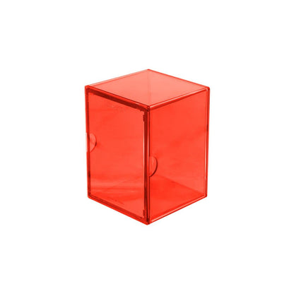 Translucent bright red plastic card deck box (Ultra Pro) on a white background