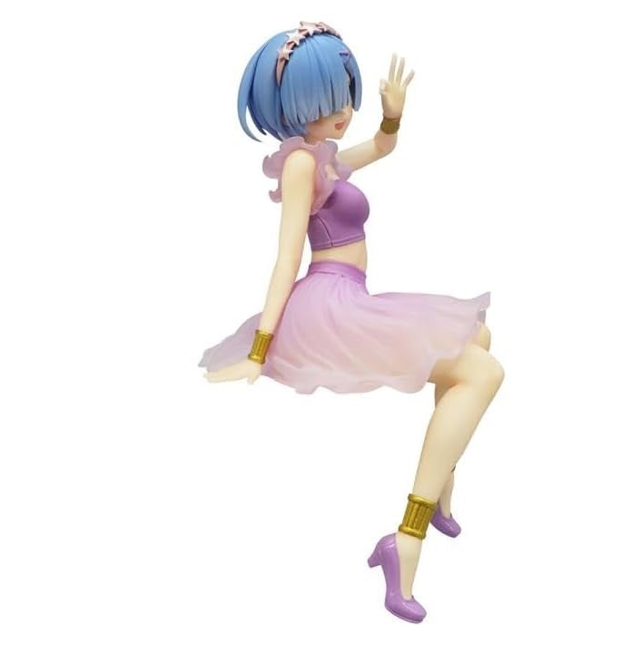 Re: Zero Rem in a purple top and pink skirt with gold bracelets and heels sitting down