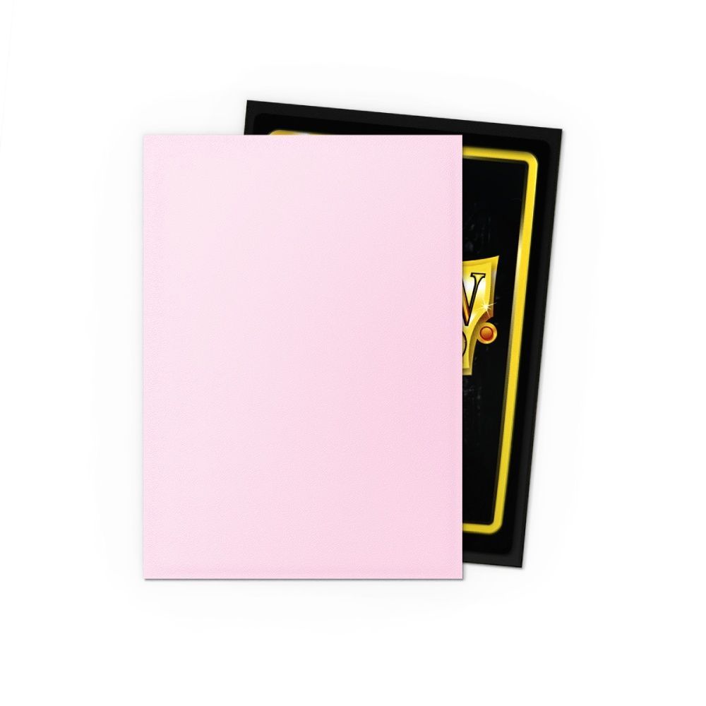 Pink card sleeve partially covers a black sleeve with a gold border and stylized letter V