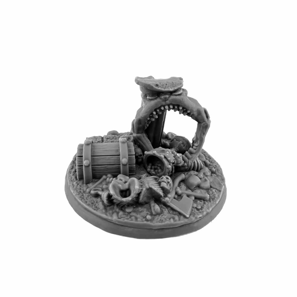 A gray Reaper Bones Black Treasure Of The Sea King miniature base with a monster mouth, barrel, skulls, an axe, and scattered treasure