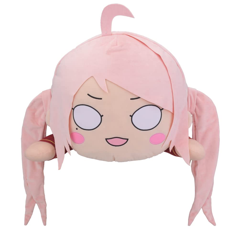 Plush of blue-haired girl in school outfit, sitting with hands on knees and smiling