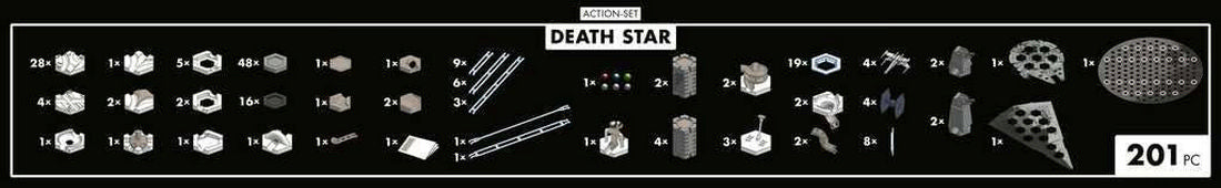 Contents list for a 201-piece Death Star building kit, showing specialized geometric bricks, rails, and Star Wars ships