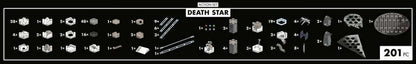 Contents list for a 201-piece Death Star building kit, showing specialized geometric bricks, rails, and Star Wars ships