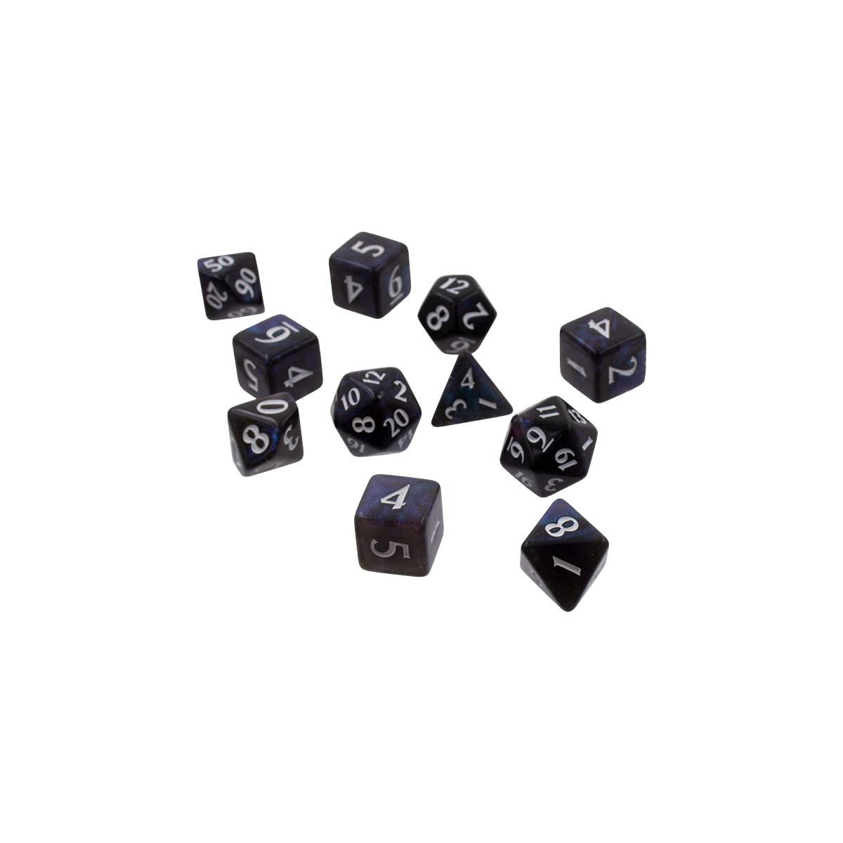 Dark polyhedral dice, including d4, d6, d8, d10, d12, and d20, scattered on a white background