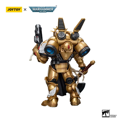 Gold Warhammer 40K figure in heavy armor, holding a pistol and a large hammer/axe