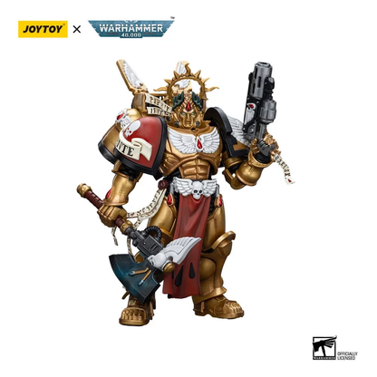 Warhammer 40k Space Marine Captain action figure in gold armor, holding a pistol and a power axe