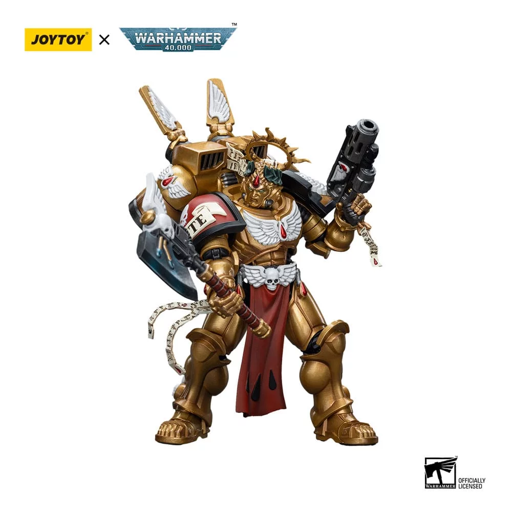 Golden Warhammer 40K Sanguinary Guard figure holding a gun and an axe