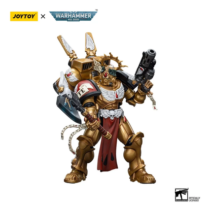 Golden Warhammer 40K Sanguinary Guard figure holding a gun and an axe