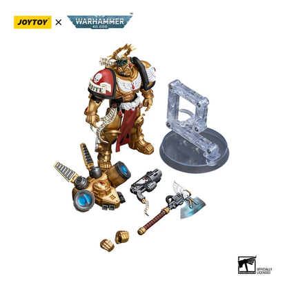 Gold and red Warhammer 40K Space Marine action figure set, including a power axe, drone, and display stand