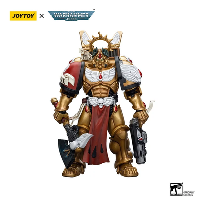 Gold Warhammer 40K action figure in winged power armor, holding an axe and a bolt gun