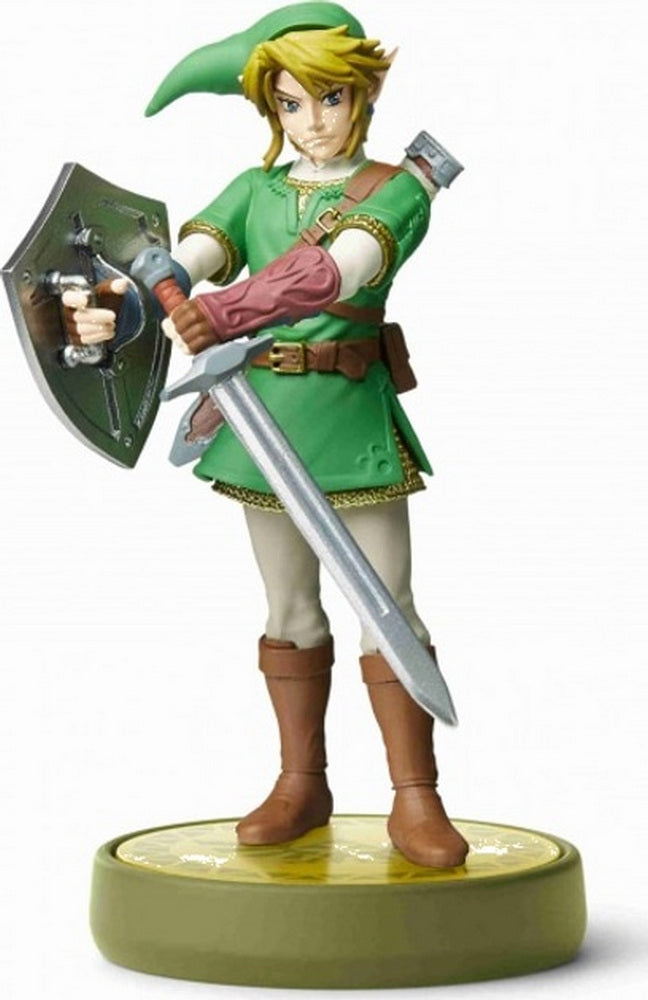 A Link figurine from The Legend of Zelda, wielding a sword and shield, standing on a round base
