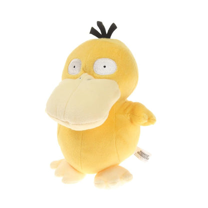 Yellow Pokémon Psyduck plush toy standing on a white background