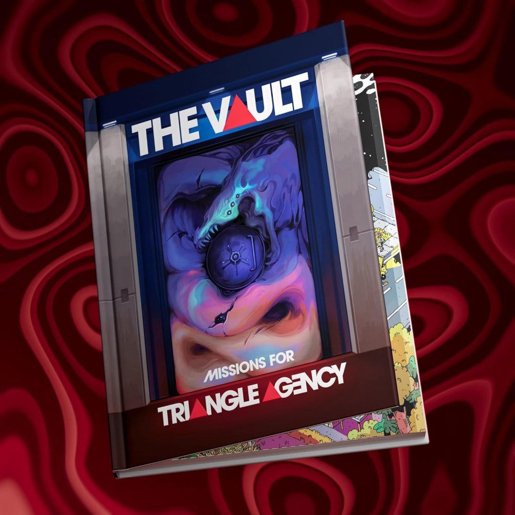 The Vault: Missions for Triangle Agency RPG rulebook cover featuring a monster guarding a safe, against a red swirling background
