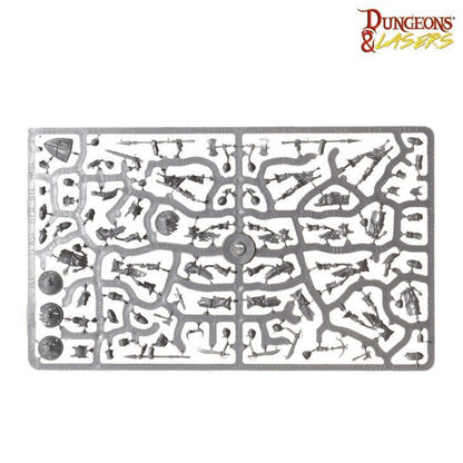 Unpainted miniature sprue featuring various unassembled fantasy components: swords, shields, and figure parts