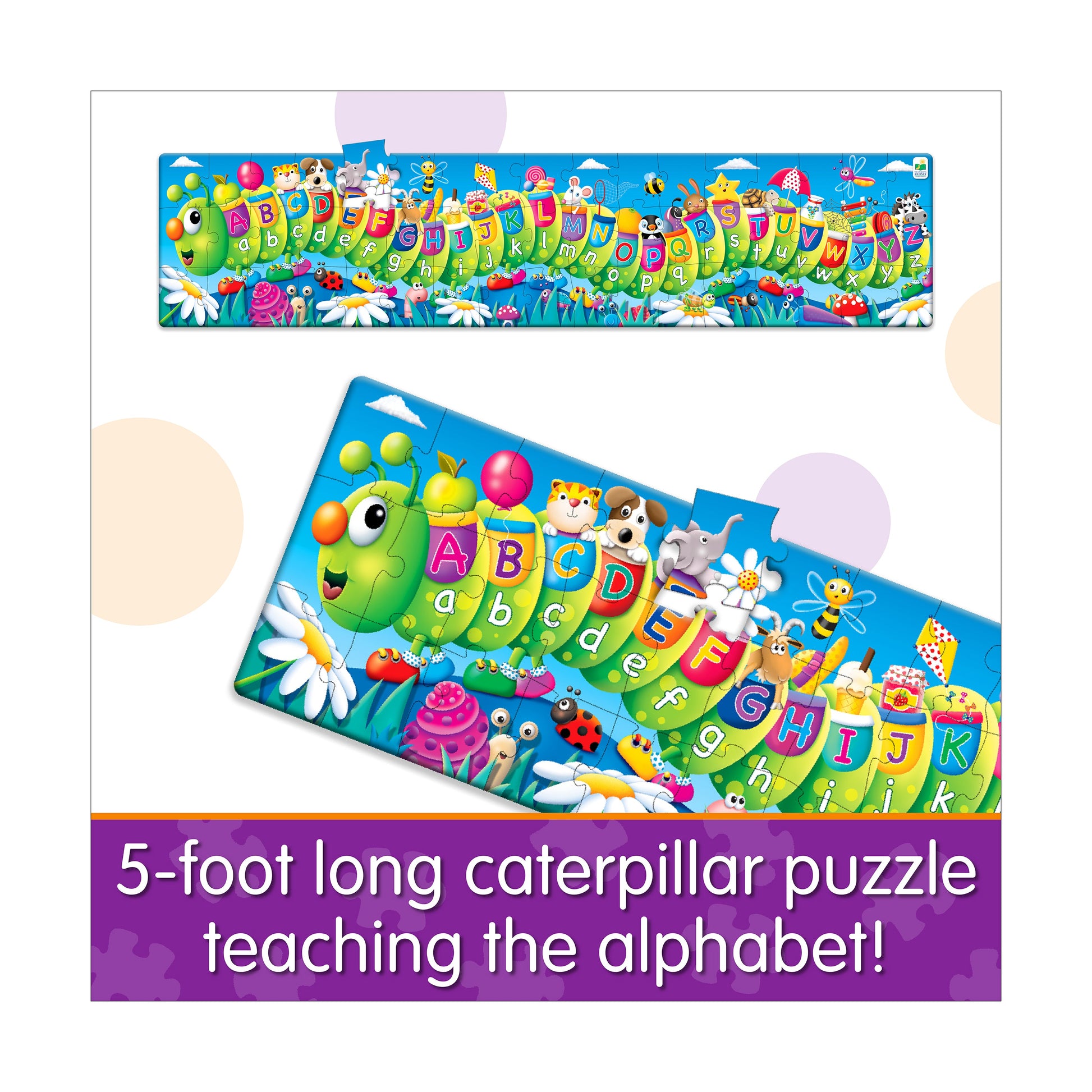 Kids' alphabet caterpillar puzzle, A-Z, 5 feet long, featuring animals and colourful letters for learning