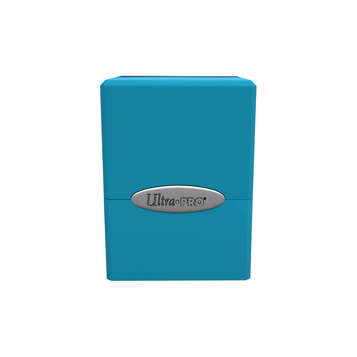 A solid turquoise Ultra PRO deck box, featuring a silver oval logo on its front