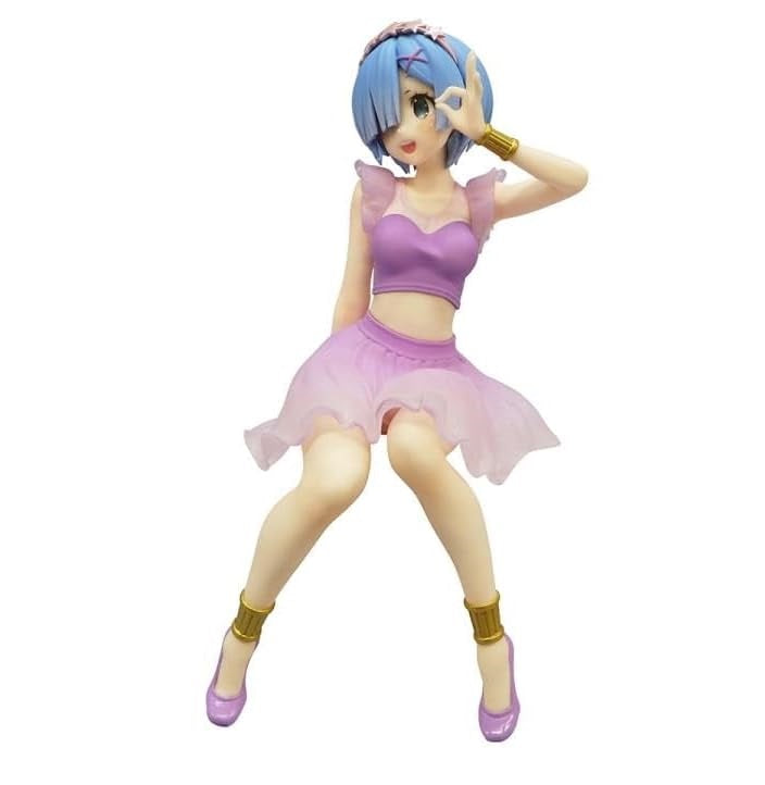 Anime figure of Rem from ReZero in purple and pink outfit with gold bangles
