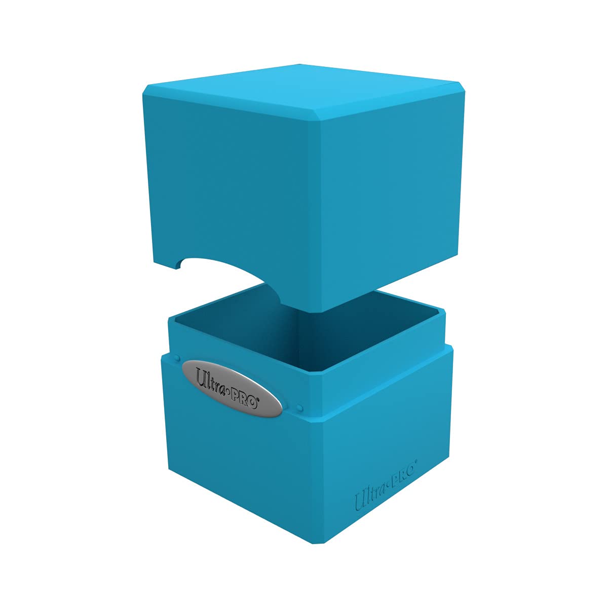 A turquoise Ultra-PRO deck box with its lid floating above the open base