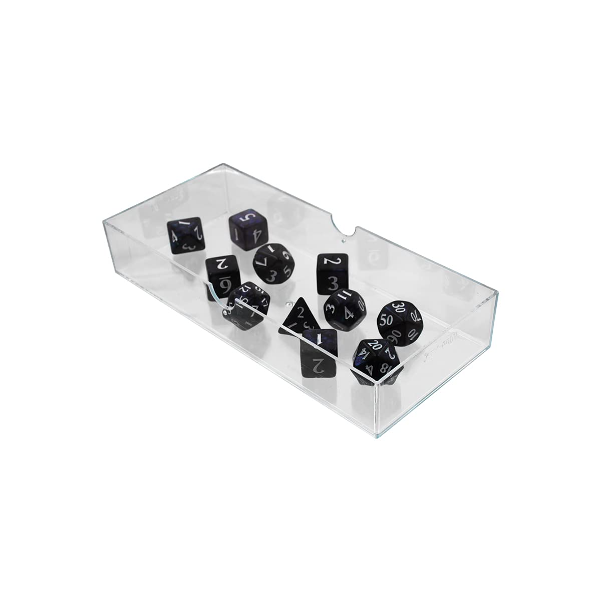 Black polyhedral dice with white numbers scattered in a clear plastic tray