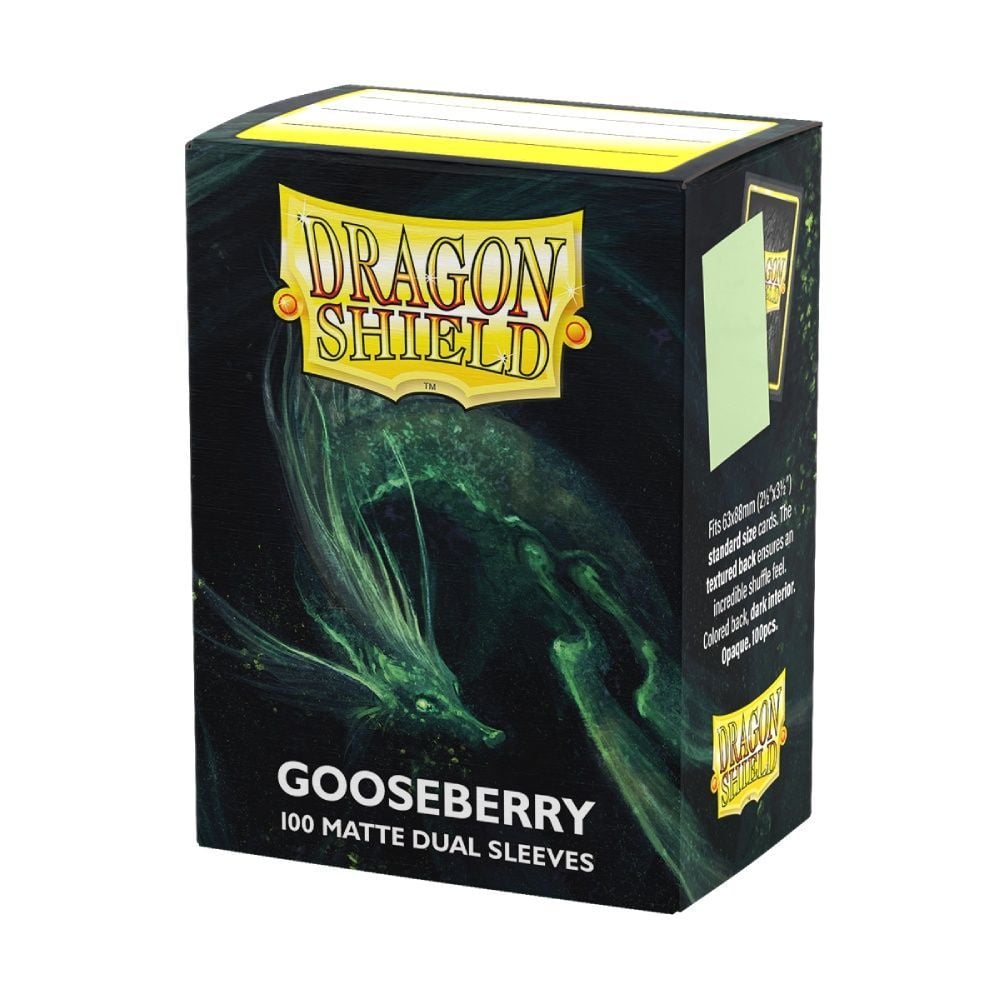 Dragon Shield Gooseberry 100 Matte Dual Sleeves box, featuring a green dragon and a pale green sleeve sample
