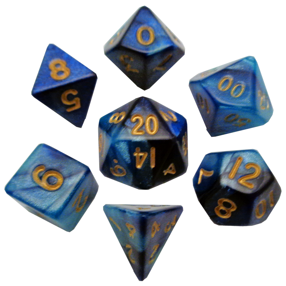 A set of seven blue and black marbled polyhedral dice with gold numbers, arranged on a white background.