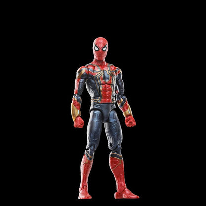 A Spider-Man Iron Spider action figure stands facing forward, displaying its red, blue, and gold suit against a black background