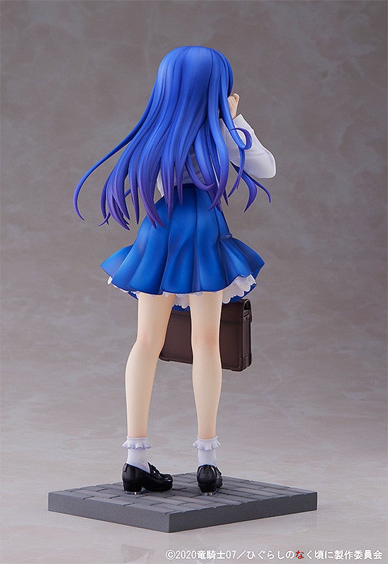 Side view of Rika Furude figure highlighting her long indigo hair and pleated skirt motion detail