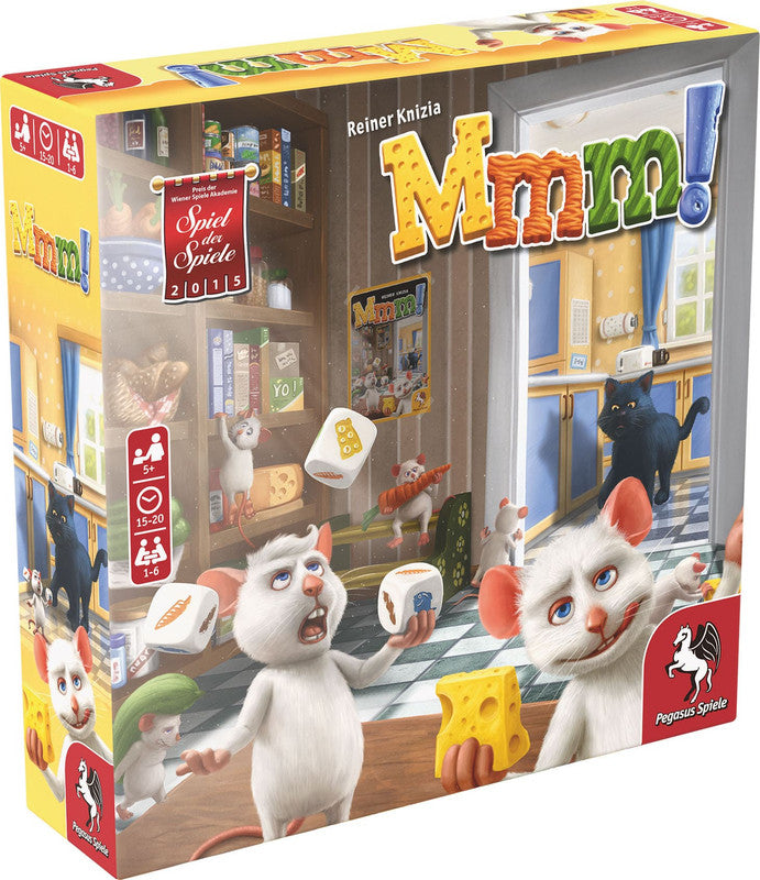 A colourful board game box for &quot;Mmm!&quot;, featuring cartoon mice eagerly gathering food, dice and a watchful black cat