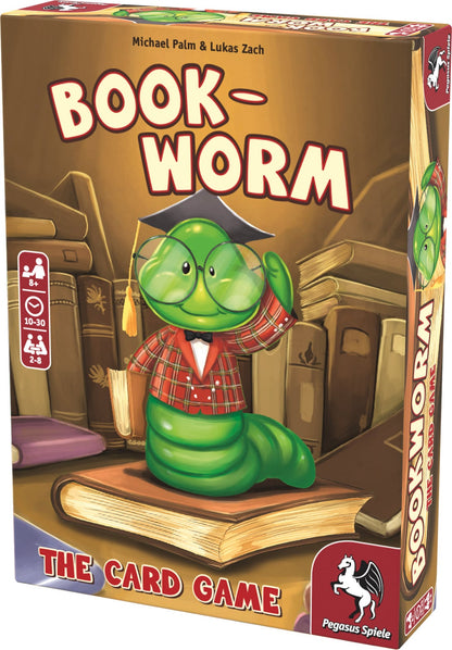 Book-Worm Card Game box showing a green worm in a cap and plaid jacket holding a book amongst other books