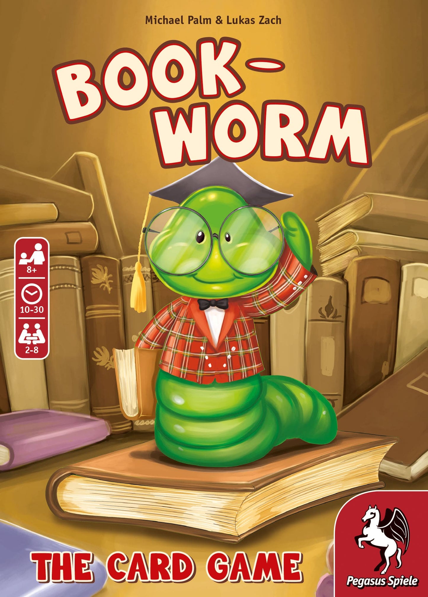 Game cover: A green worm in glasses & grad cap stands on an open book, holding another, surrounded by books