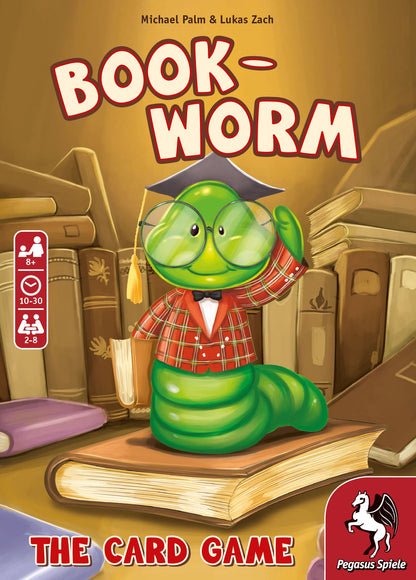 Game cover: A green worm in glasses & grad cap stands on an open book, holding another, surrounded by books