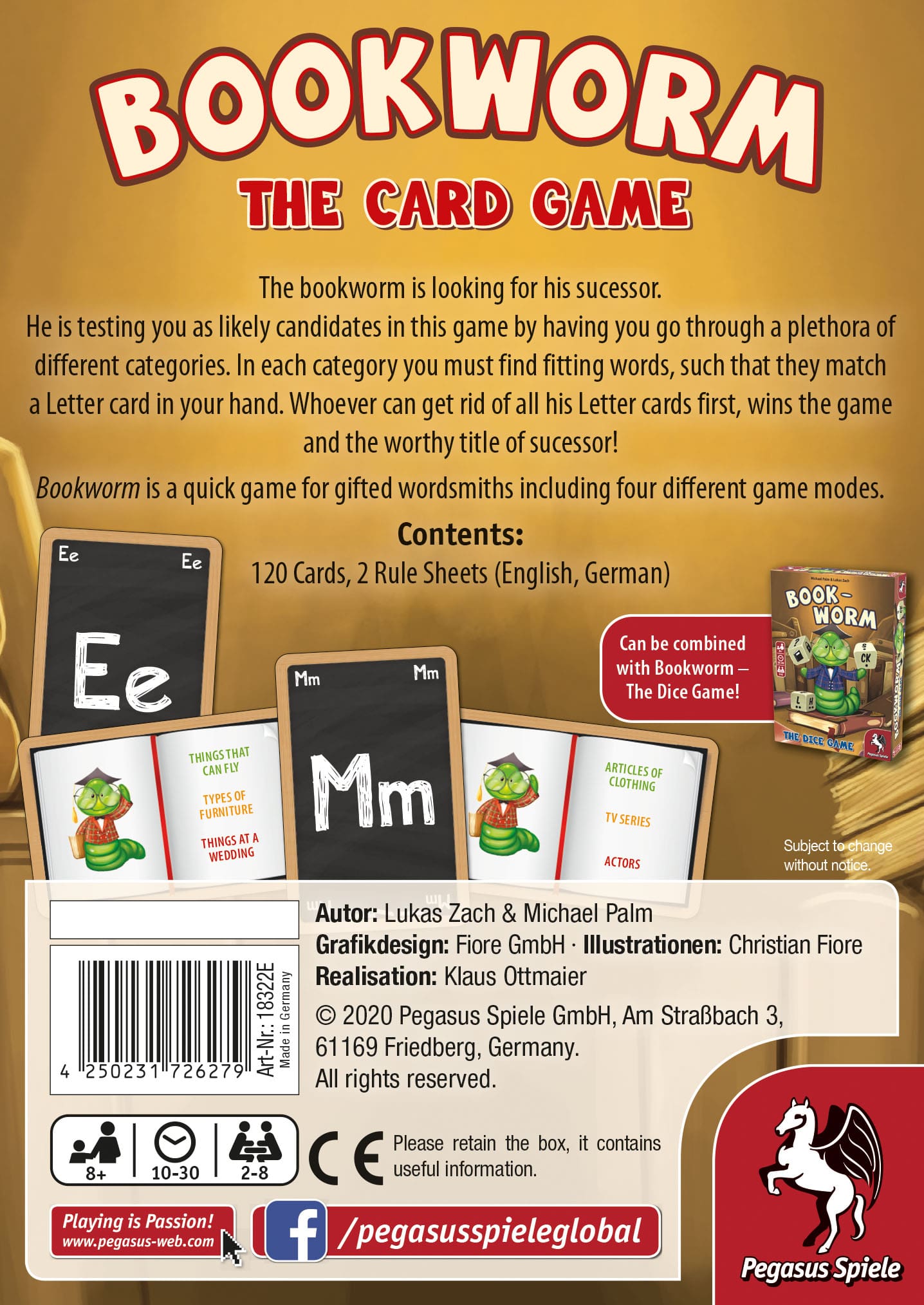 Back of Bookworm The Card Game box, displaying game title, description, letter cards (Ee, Mm), and category cards with a worm
